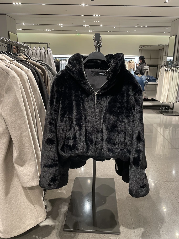 Warm Faux Fur Effect Plush Jacket Coat Women's Autumn Winter New Style Hooded Zipper Closure Long Sleeve Loose Fit Outerwear