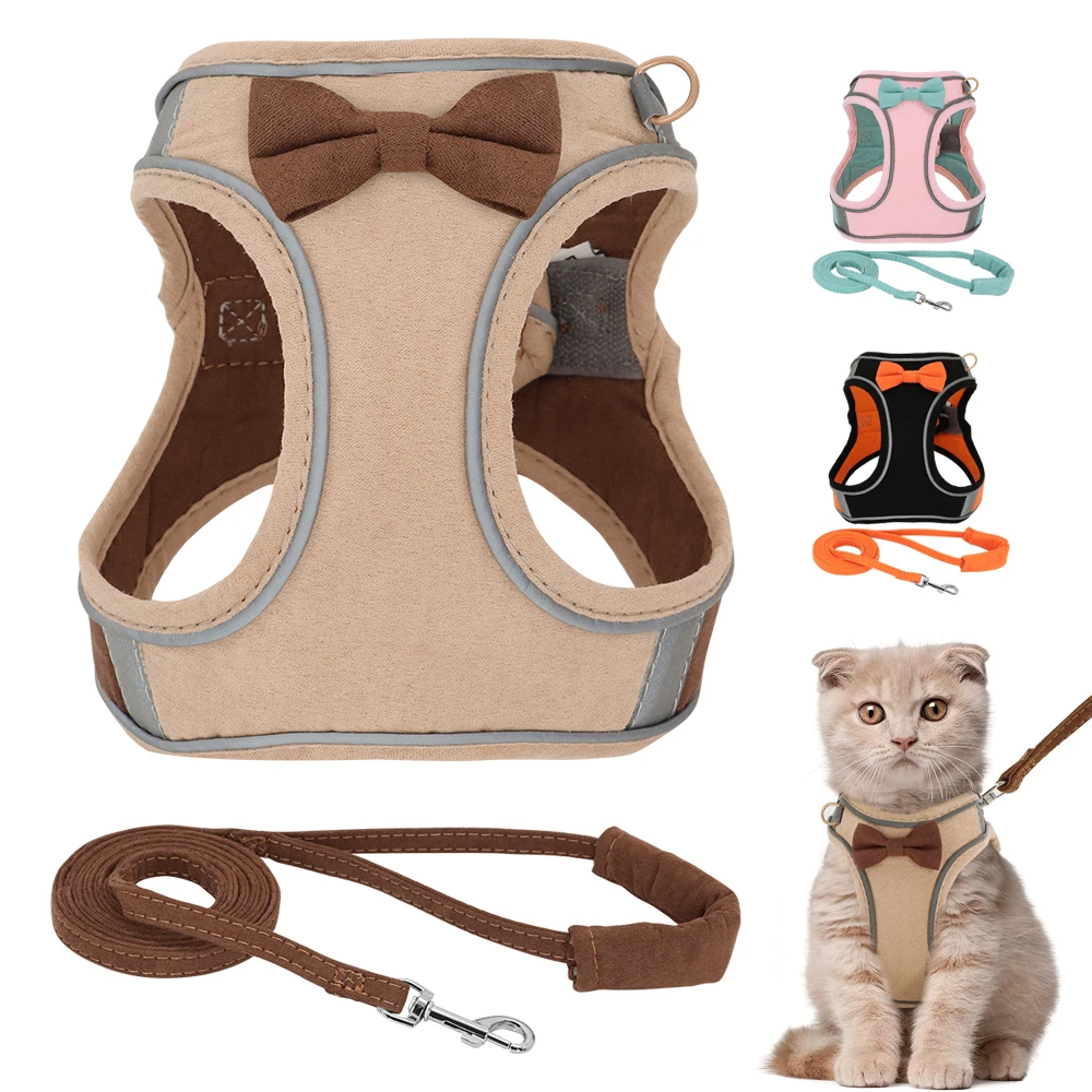 Outdoor Reflective Cat Harness and Leash Set No Pull Puppy Kitten Bowknot Harness Vest Soft Padded Chihuahua Vest Rope for Cats