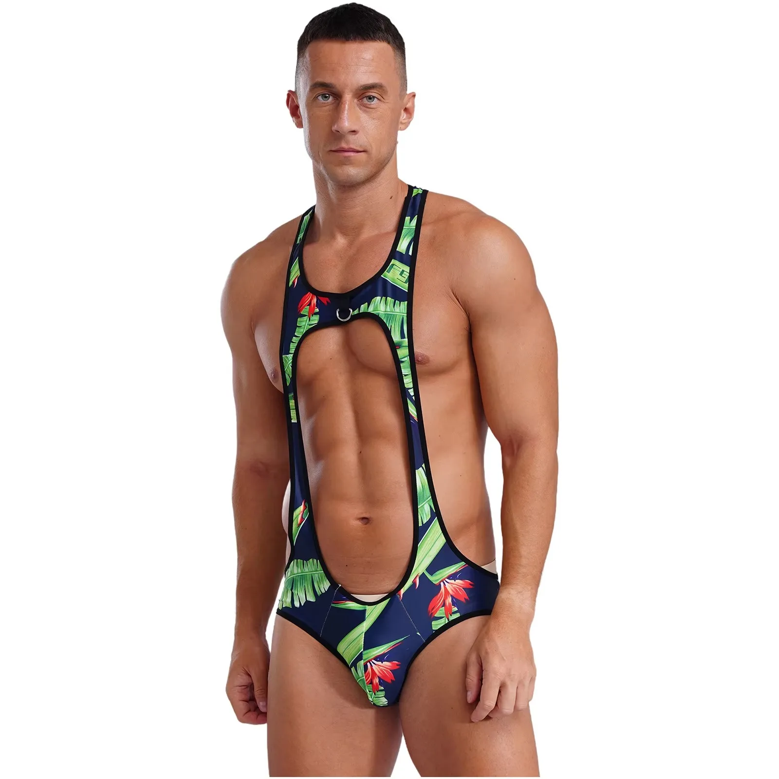 Mens Cutout U Neck Sleeveless Bodysuit Solid Color/Rainbow Stripe/Leaf Printed Open Butt Leotard Bodybuilding Wrestling Single