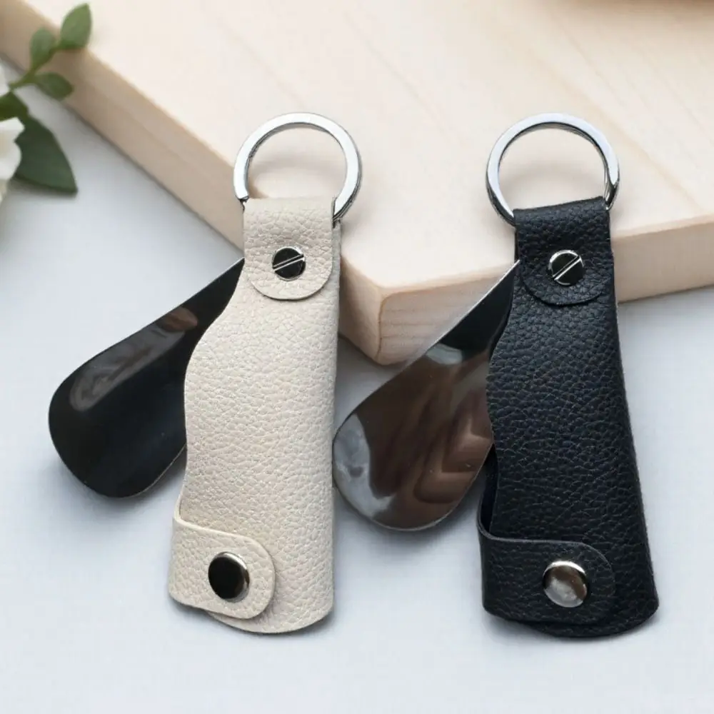 Pengait Sepatu Mini Tahan Lama Gantungan Kunci Portabel Mudah Digenggam Bahan Stainless Steel Alat Bantu Pakai Sepatu Kulit PU Praktis untuk Perjalanan