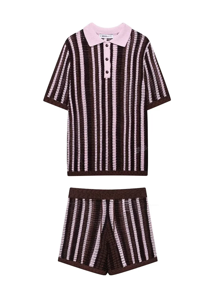 SIYANG, conjunto de 2 piezas a la moda para mujer, camisa con cuello tipo Polo a rayas de punto y pantalones cortos de cintura alta elástica, conjuntos de pantalones cortos elegantes para mujer