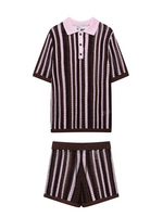 SIYANG Women Fashion 2 Piece Set Knitted Striped Polo Collar Shirt & High Elastic Waist Shorts Female Chic Lady Shorts Sets