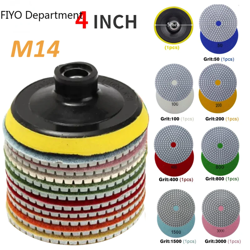 8pcs 4 inch 100mm Diamond Polishing Pads Kit Wet/Dry for Granite Stone Concrete Marble Polishing Use Grinding Discs Set M14