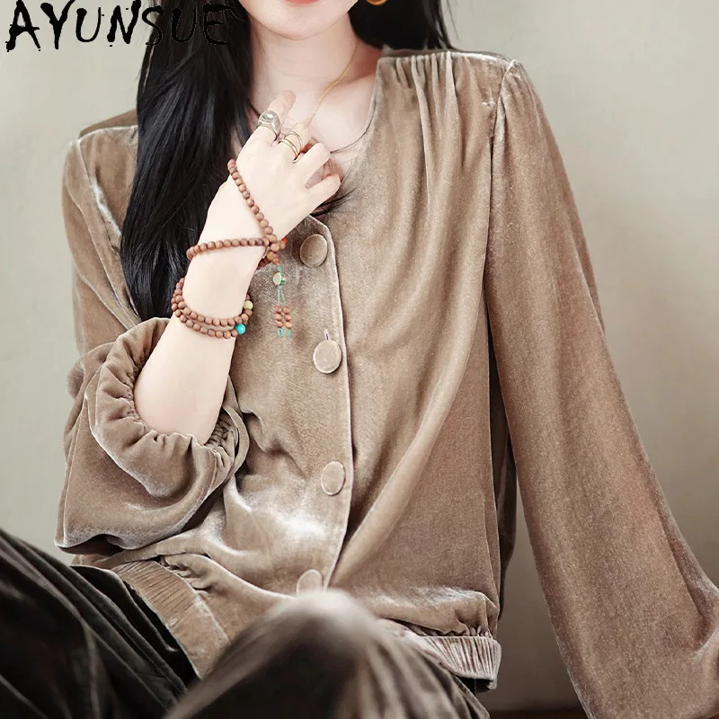 AYUNSUE Silk Velvet Women's Blouses and Shirts Luxury Lantern Long Sleeve Tops for Woman V-neck Spring Woman Clothes Рубашка