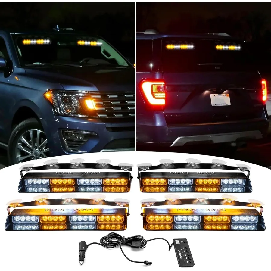 

4Pcs 16 LED 2''x 14'' White Amber Dash Strobe Light with Controller and Wiring Harness and Suction Cup Windshield Interior Warn