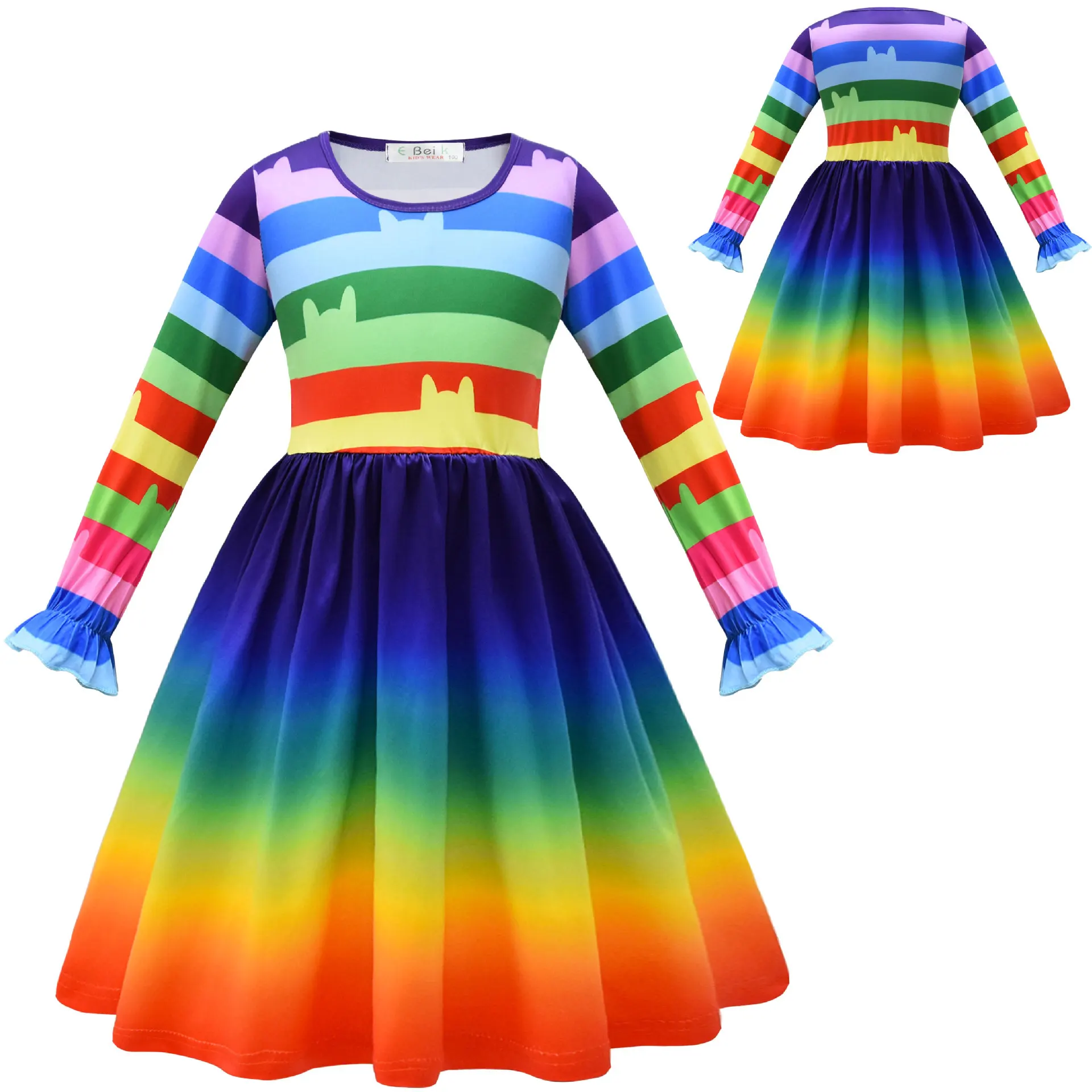 Gaby Cosplay Digital Print Rainbow Striped Dress Long Sleeve Outfits Girls Dollhouse Costume Halloween Carnival Party Role Play