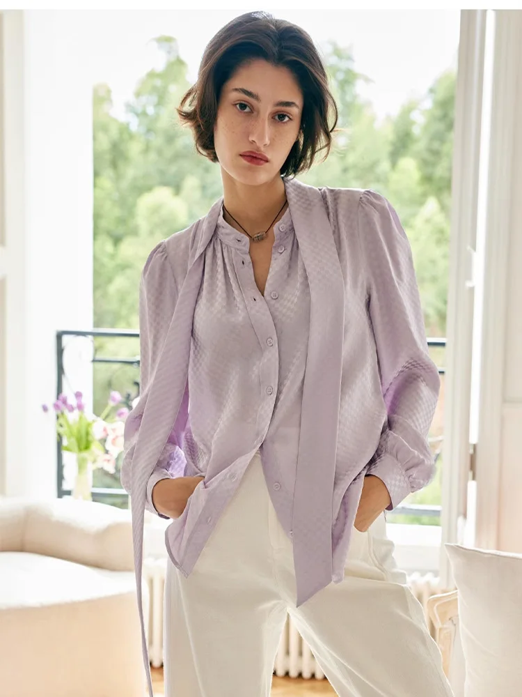 SuyaDream, Women Bow Collar Shirts, 100%Real Silk, Elegant Lavender Blouses, 2024 Spring Summer Office Lady Top