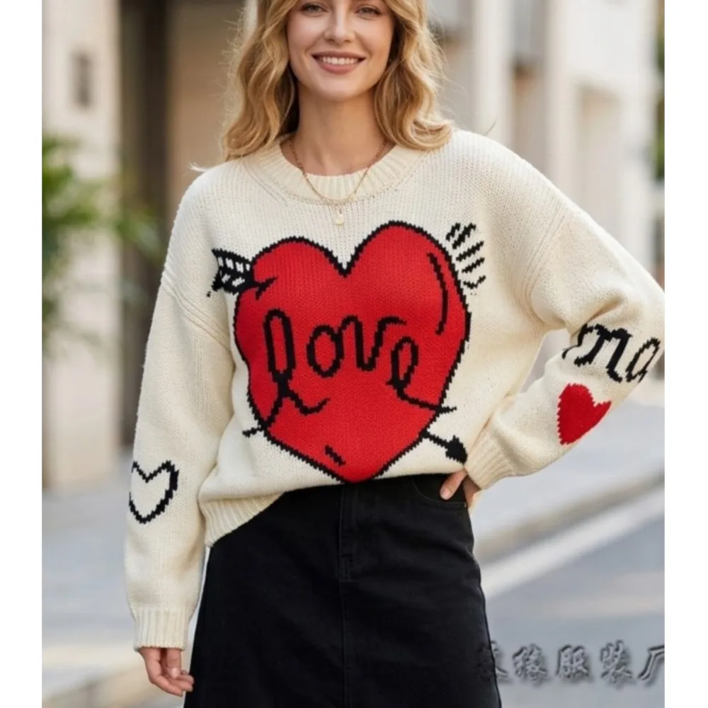 Autumn Winter New Love Long-sleeved Sweater Women's Tops 2026Female Loose Sweater Chic Knitted Couple Versatile Pullover Sweater