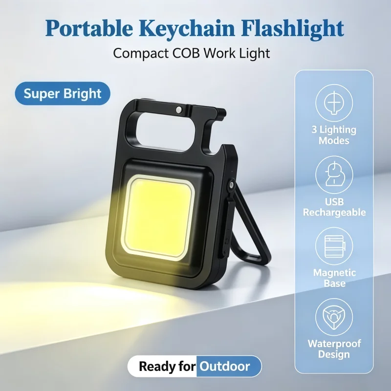 2026 New LED Small Rechargeable COB Keychain Flashlights Portable Emergency Lamps Strong MagneticRepair Work OutdoorCampingLight