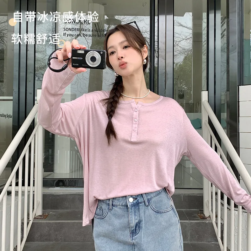 2024 Women's Spring/Summer Button Sunscreen Cover Up Long Sleeved T-shirt with Micro Transparent Outer Wear Knitted Shirt