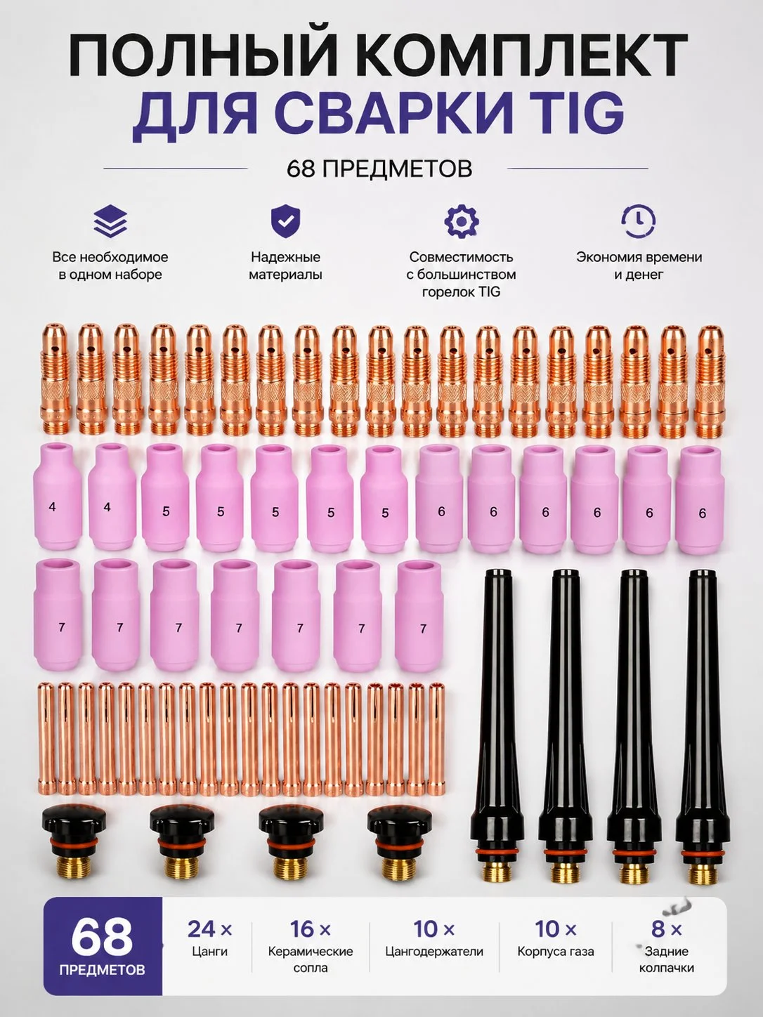 68Pcs TIG Welding Consumables Kit, Universal Parts for WP17/WP18/WP26 Torch, Complete Accessory Set with Gas Lens & Collet & Tun