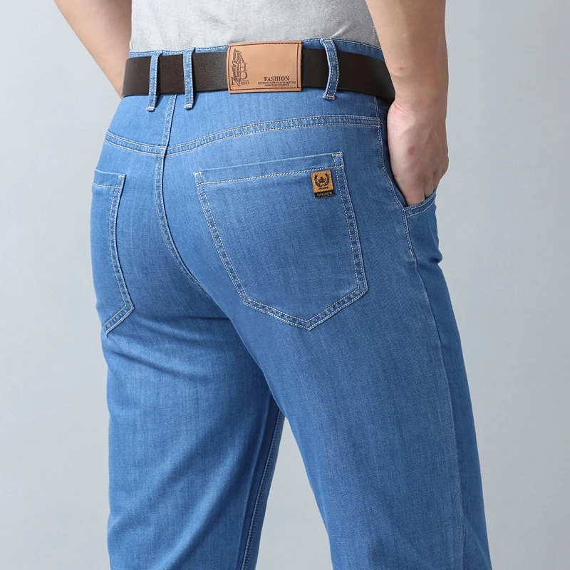 

2026 New Spring Summer Ice Silk Thin Men's Light Blue Straight Slim Jeans Stylish Casual Stretch Denim Pants Classic Trousers 40