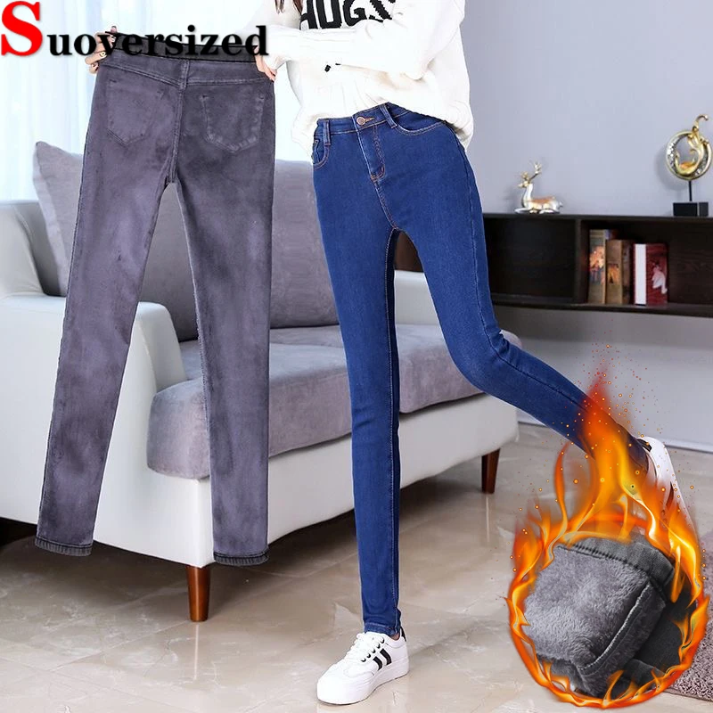 Schlanke Stretch Winter plus Samt Bleistift Jeans große Größe 34 lässige Pantalones warme dünne Cowboy hose Frauen verdicken Basic Vaqueros