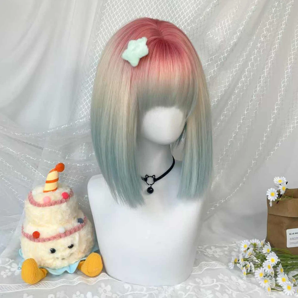Rainbow Bubble Short Straight Hair Bobo Wig for Women with Bangs Gradient Highlights Lolita Wigs Synthetic Wig Pastel Halloween
