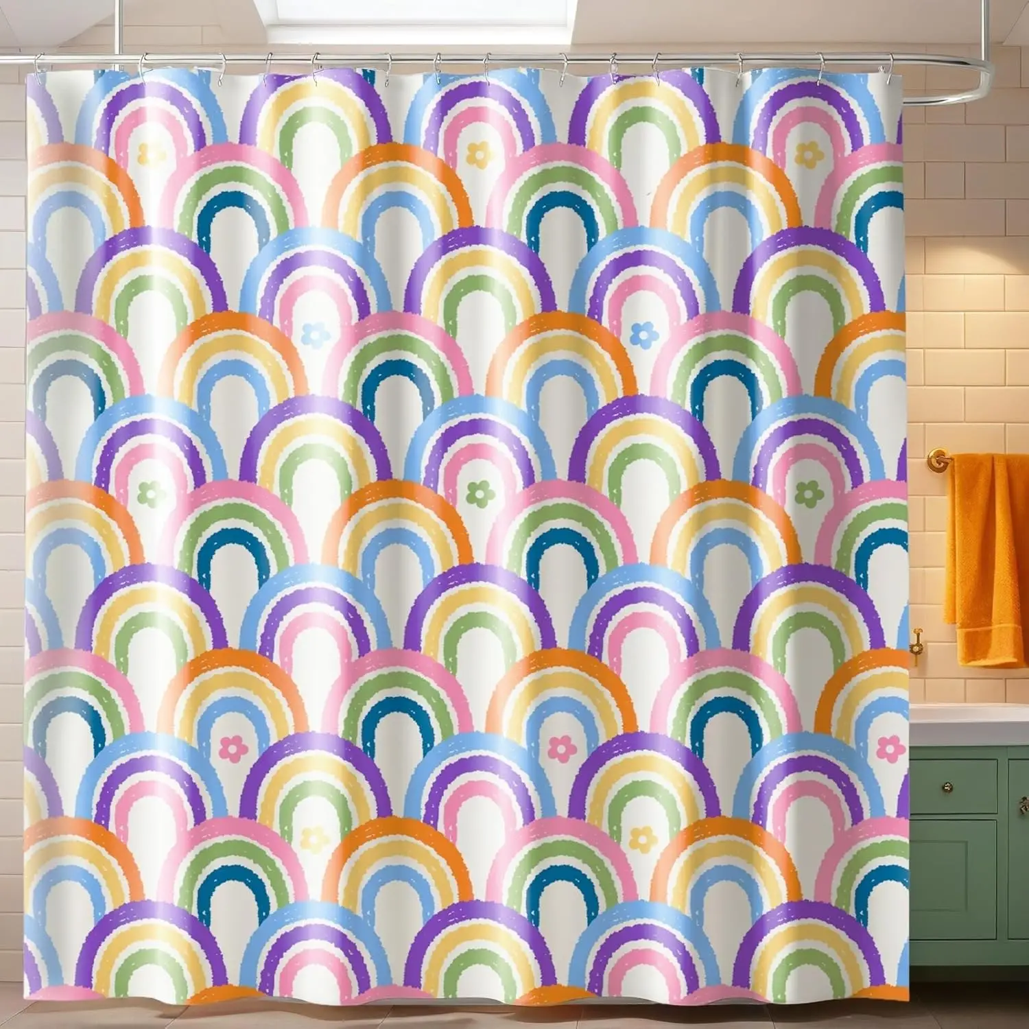 

Rainbow Shower Curtain – Colorful Arc Pattern, Modern Bathroom Decor with Vibrant Rainbow Design for Fresh Look
