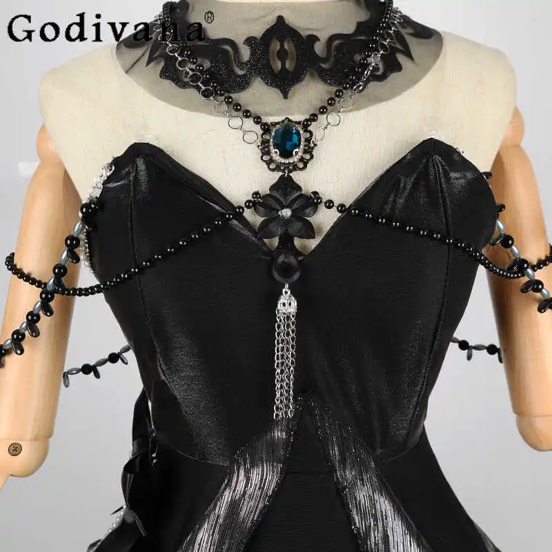 Two Dimensional Game Dress Women's Black Cosplay Carnival Party Long Dress Female Christmas Banquet Cos Dress Set