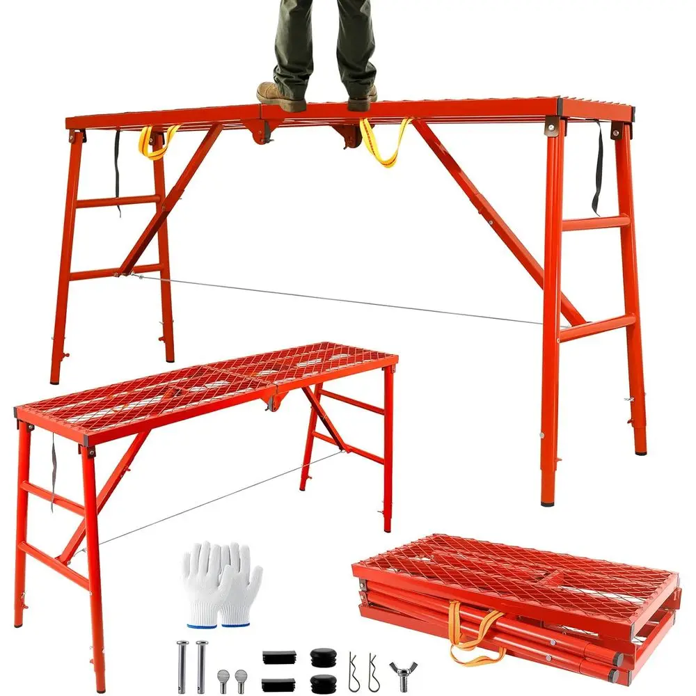 Foldable Scaffolding Platform, Multi-Purpose Work Platform Ladder, 5-Level Height Adjustable Scaffold, 72x17x34-56 Inch Scaffold