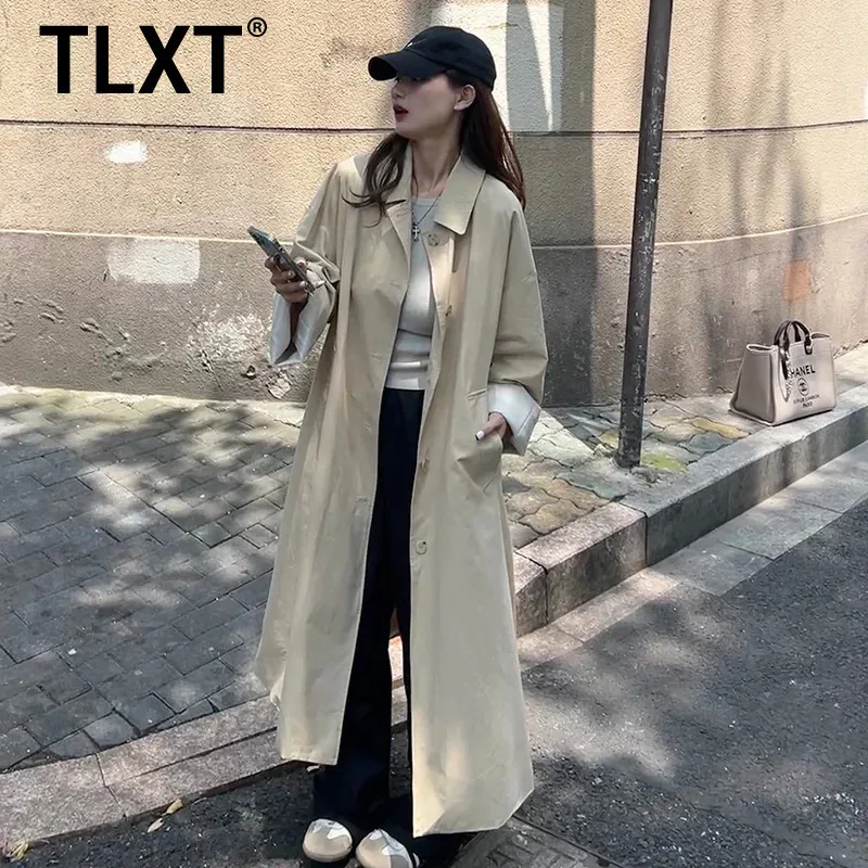 

TLXT Fashion Women's Classic Trench Coat Beige With Notched Collar Buttons Stylish Long Outerwear For Fall And Spring New XK1619