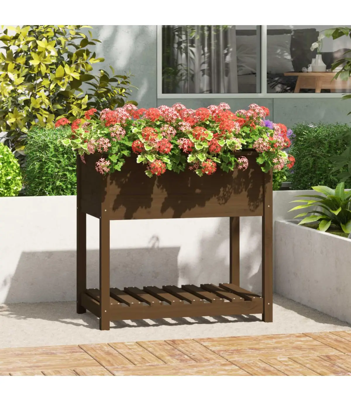 Planter and planter planter with shelf solid wood brown honey 82,5x54x81 cm