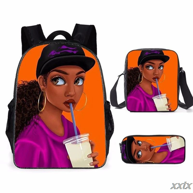 Harajuku Novelty African Girl 3D Print 3pcs/Set pupil School Bags Laptop Daypack Backpack Inclined shoulder bag Pencil Case