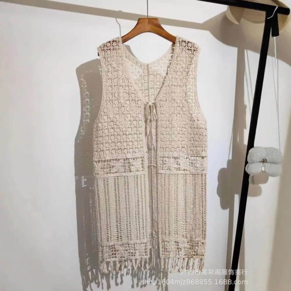 Vest Women Spring Wear Medium and Long Sleeveless Vest Thin Vest Knitted Jacket Hollow Out with Fringed Cardigan