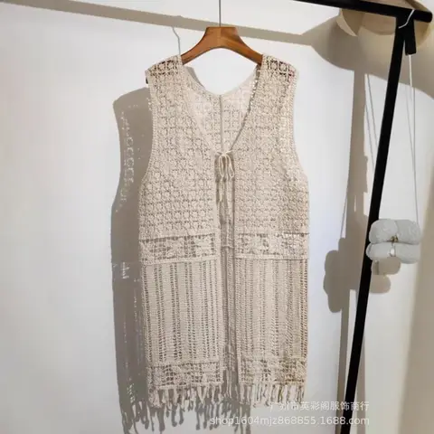 Knitted Vest Women Spring Wear Medium and Long Sleeveless Vest Thin Vest Knitted Jacket Hollow Out with Fringed Cardigan