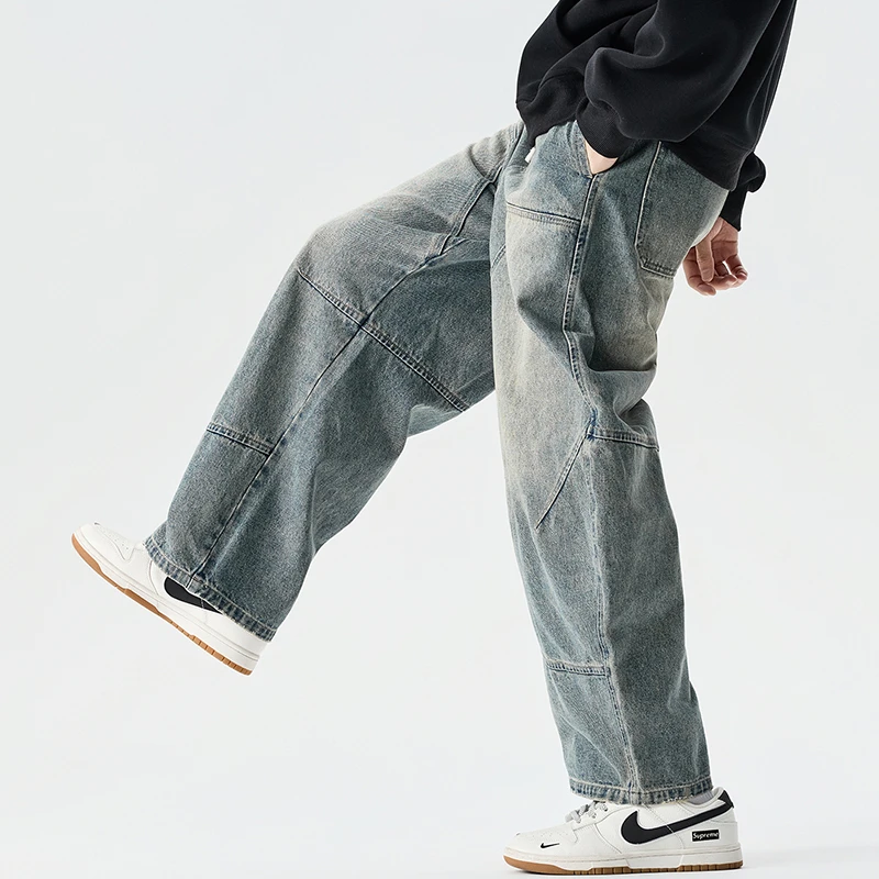High Waist Casual Jeans Men New Arrival 2026 Spring Vintage Style Streetwear Solid Color Washed Male Denim Wide Leg Pants N049