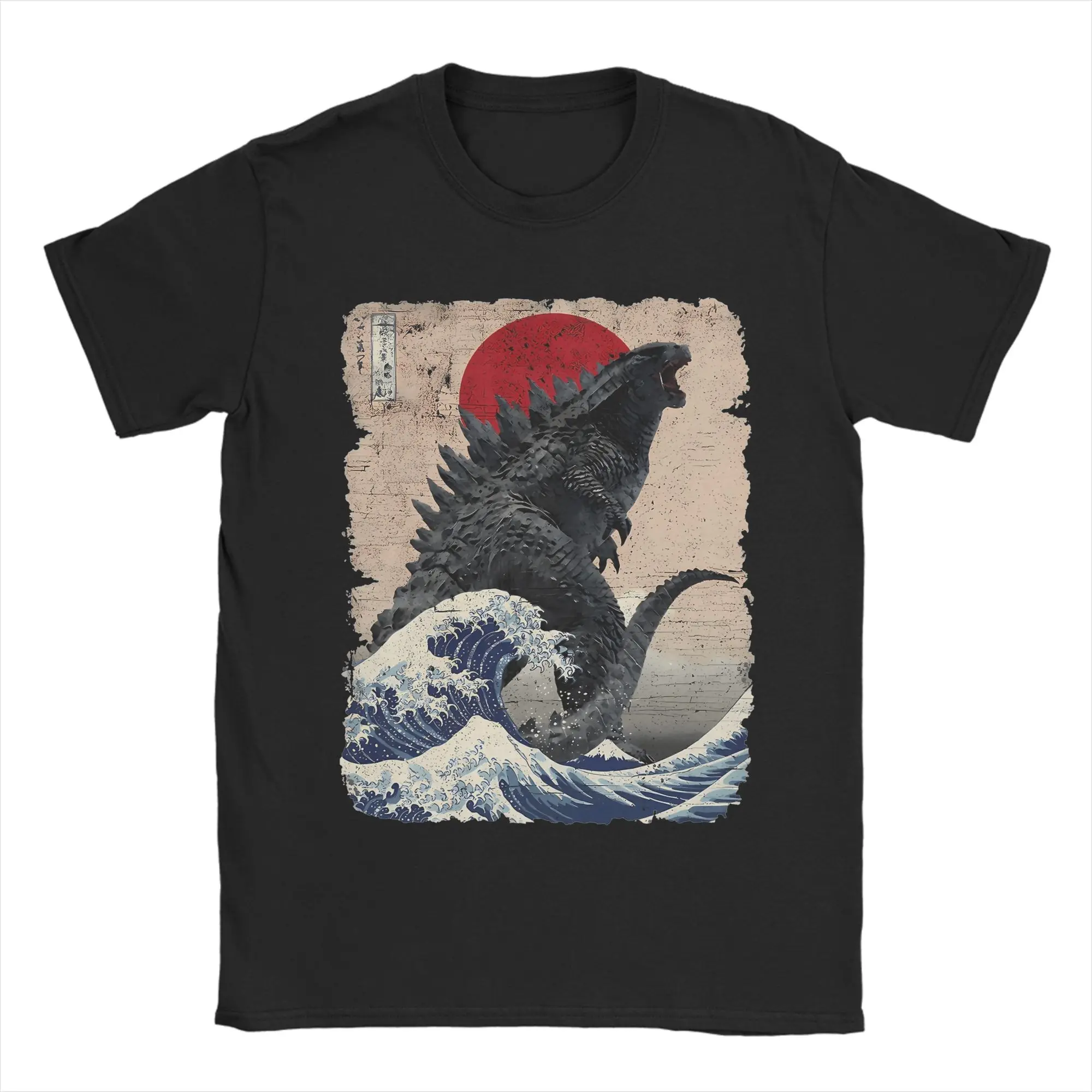 Japanisches Godzillaed Great Wave T-Shirt für Herren, reine Baumwolle, tolle T-Shirts, Rundhals-T-Shirt, kurzärmelige Kleidung, einzigartig