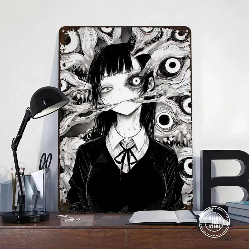 Horror Anime Girl Tinplate Poster Customized Wall Art Vintage Metal Signs Retro Plates for Gamer Decoration Gaming Home Deco