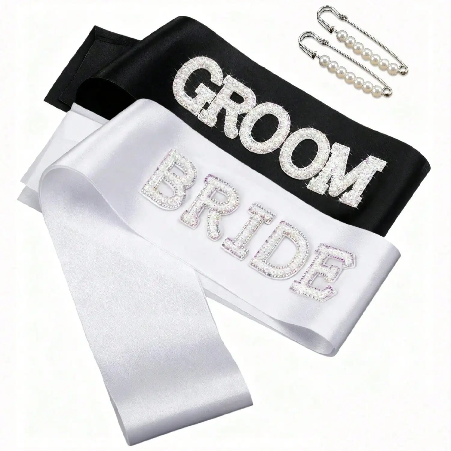 Groom & Bridal Sash Set - Pearl Rhinestone Wedding Sash, 2Pcs W/Pearl Pins