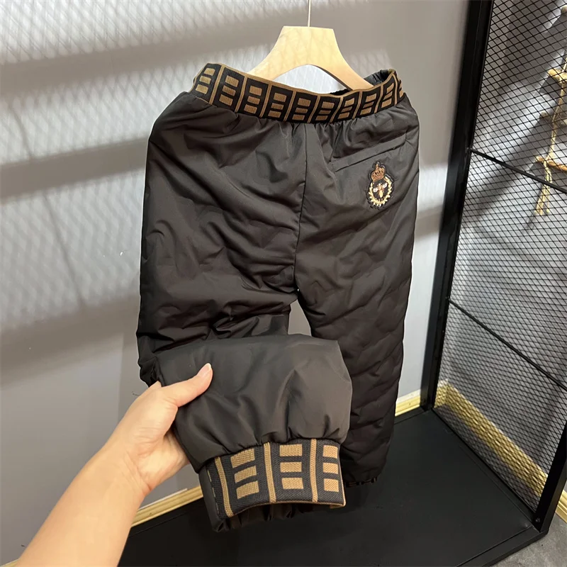 

Мужские зимние пуховые брюки с защитой от холода, приклеенные для всего тела! Цветной пояс с воротником! 90% белые брюки на шнуровке Du down