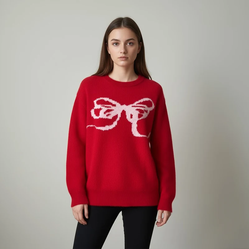 

Sweet Style Red Bow Sweater Women's 2025 Autumn/Winter Loose Casual Warm Pullover Knit Top