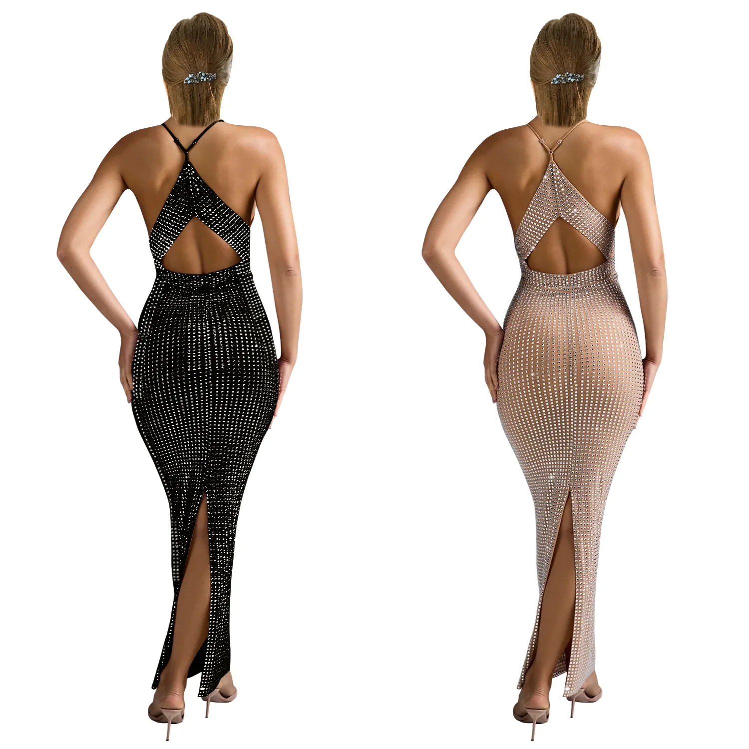 กระโปรงยาวทรงเข้ารูปผ้าไหมลูกไม้ประดับเพชรทรงวีเอวสูงสำหรับผู้หญิง