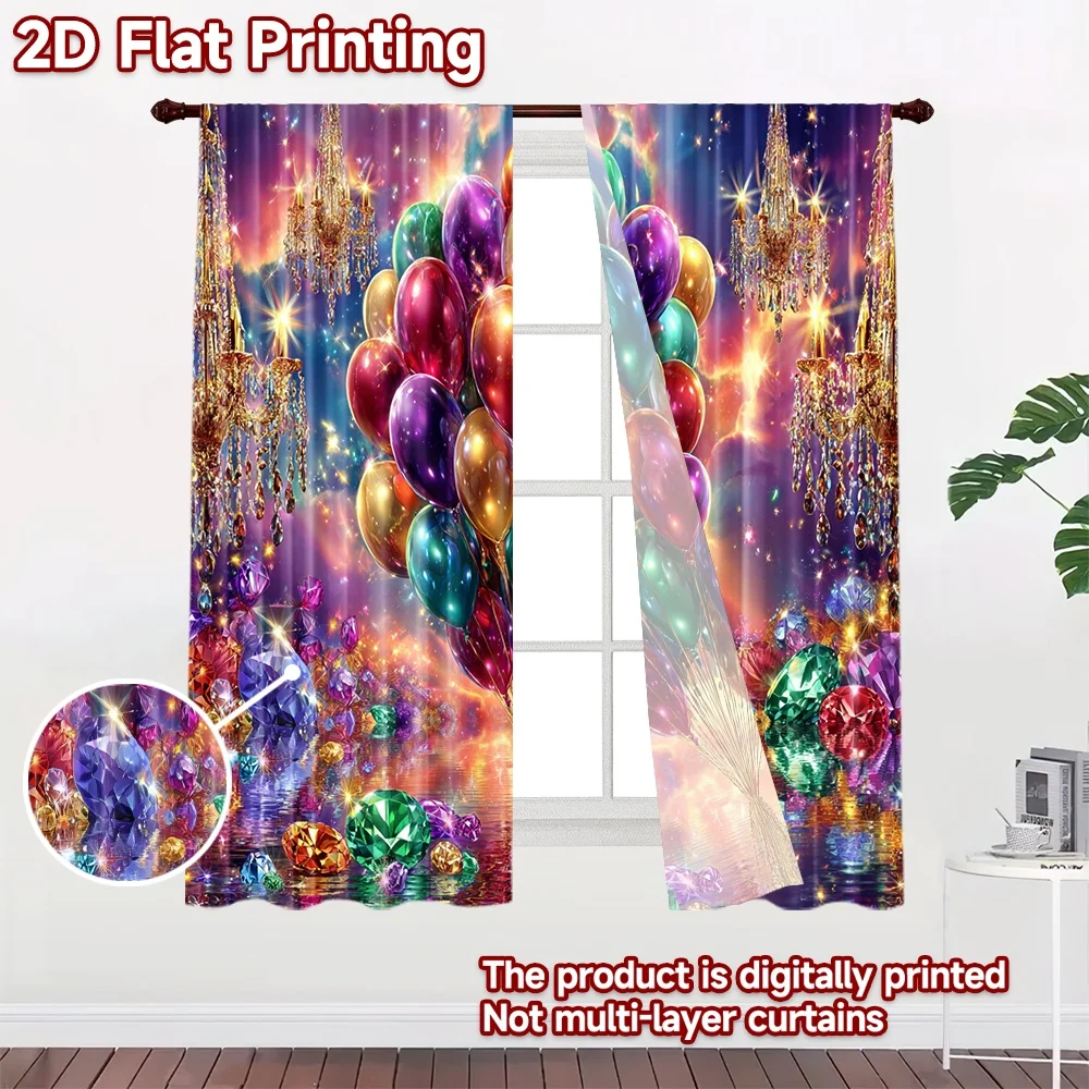 2D flat printing 2pcs Curtains Balloons Gems Sparkle Celebration Digital Printed Polyester Drapes Holiday Decorations Use for