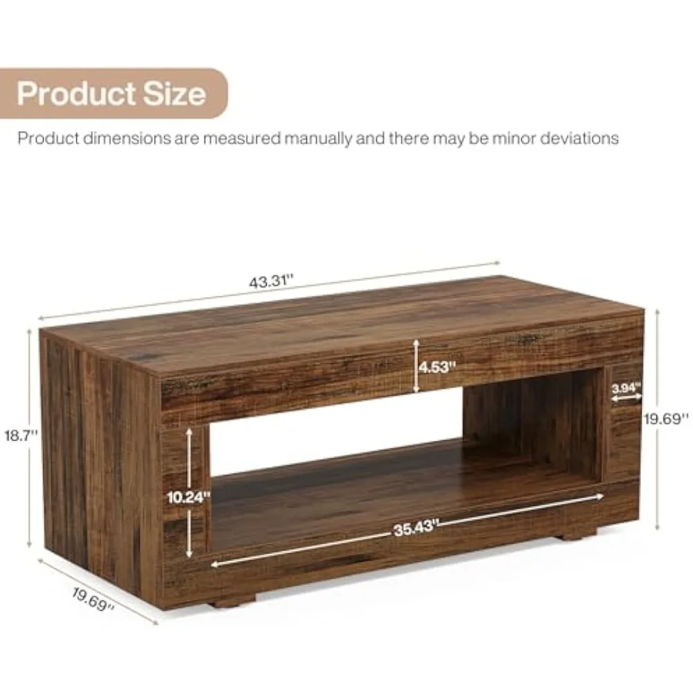 Wood Coffee Table for Living Room, 43.3" Modern Farmhouse Coffee Table with Storage, 2-Tier Rectangular Center Table Cocktail L