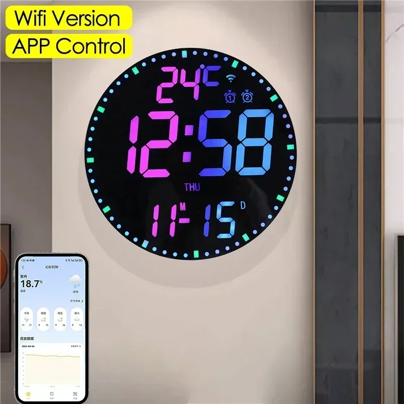 

Wifi App Control RGB Digital Wall Clocks Temperature Date Week Display Electronic Clock with Dual Alarms Creative Colorful Clock