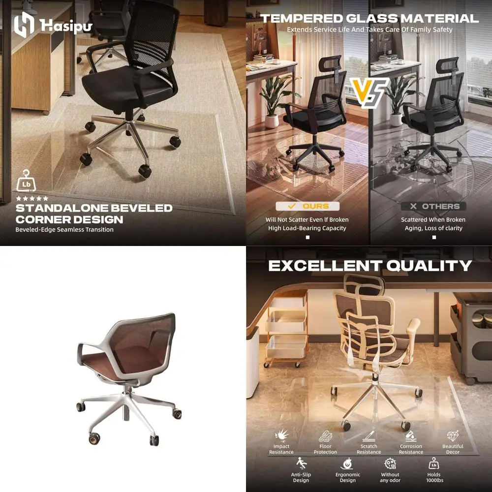 

48 x 30 Clear Beveled Edge Glass Chair Mat for Smooth Movement, Suitable for Carpet and Hardwood Floors