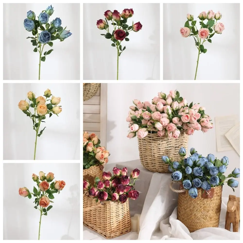 Real Touch 7 Heads Artificial Rose Flowers Burnt Edge Premium Oxidation Resistance Simulation Rose Plastic DIY Bouquet Flower