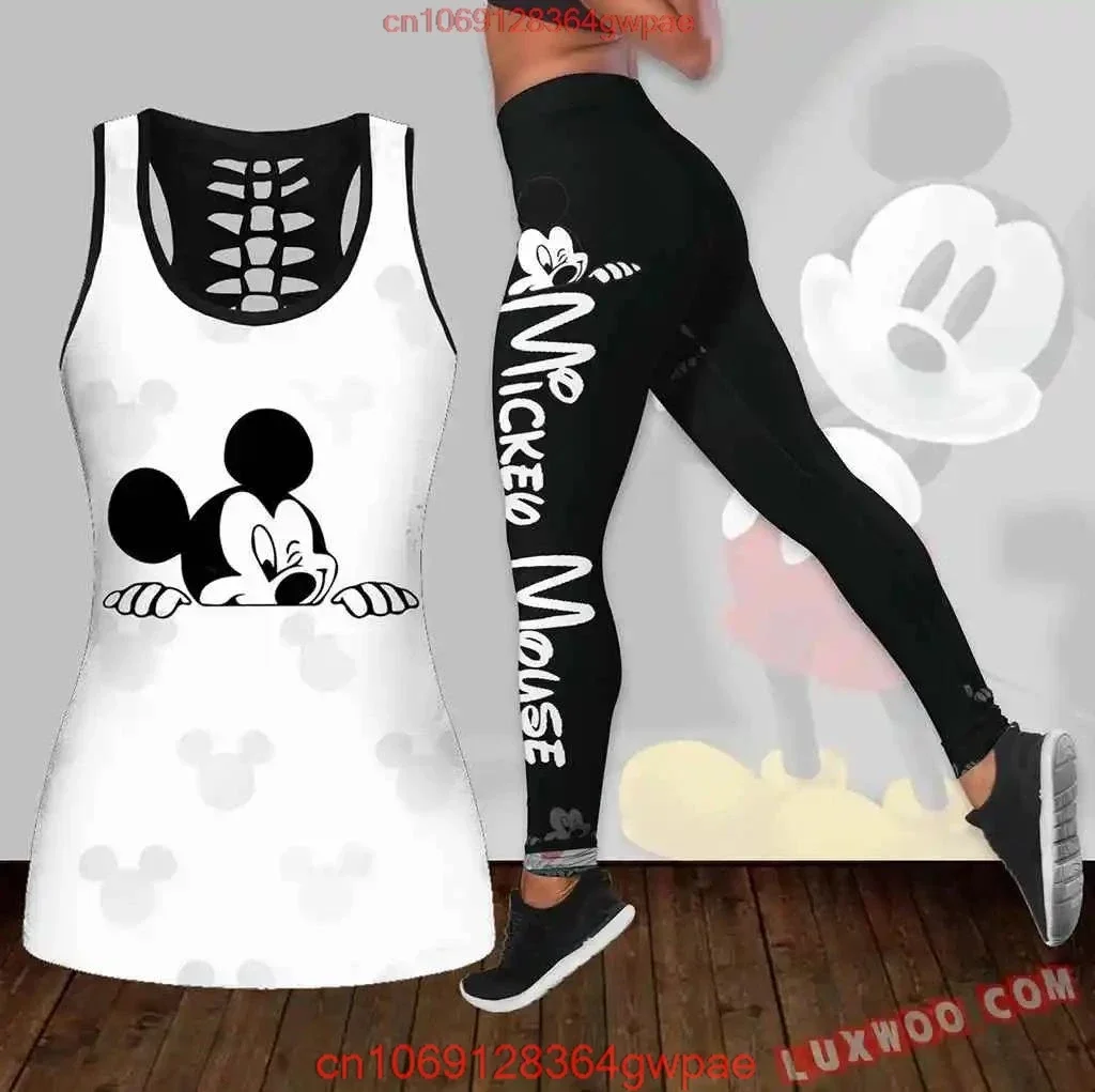 New Mickey Mouse Women's Hollow Vest + Womens Leggings Yoga Suit Fitness Leggings Sports Suit Disney Tank Top Legging Set Outfit