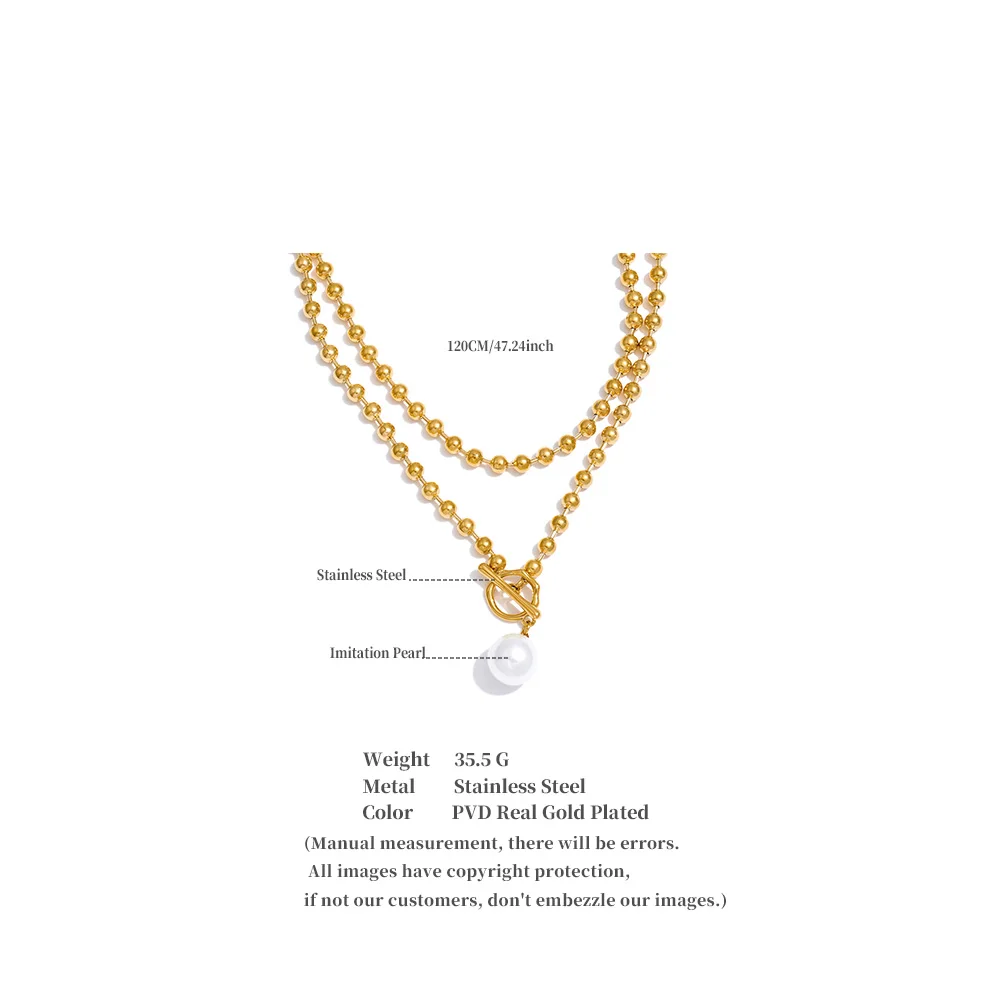 Yhpup 120 cm lange Halskette aus Edelstahl mit Perlen, Imitationsperlen, Tropfen-Halskette, Knebelverschlüsse, Statement-Mode, exquisiter Schmuck, neu – Detail 1