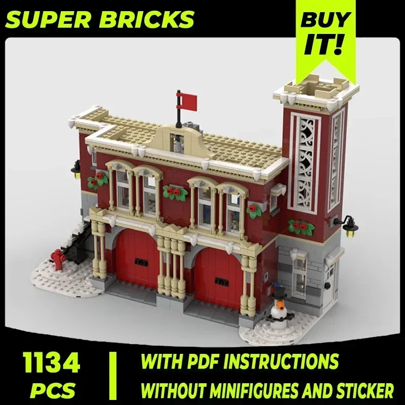 Moc bloco de construção vista rua modelo inverno estação bombeiros tijolos técnicos diy montagem brinquedos construção para criança presente do feriado