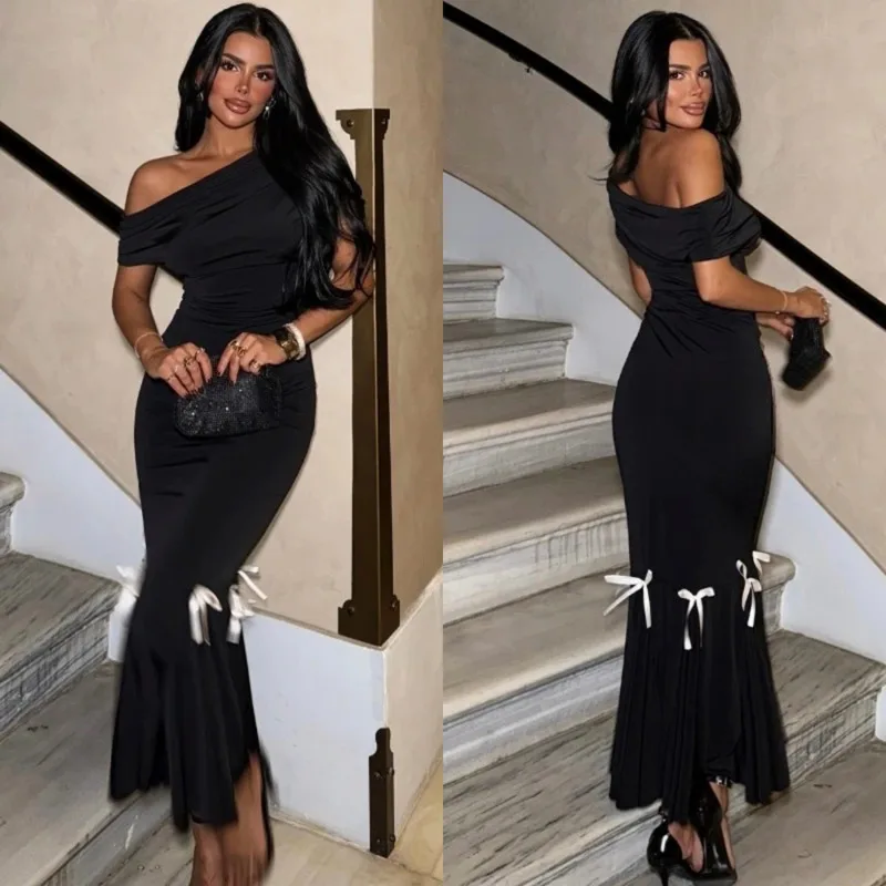 

Temperament Solid Color Bow Pleated Dress Sexy Slanted Neck Slim Fit Long Dress New Summer Fashion Women's Banquet Evening Dress