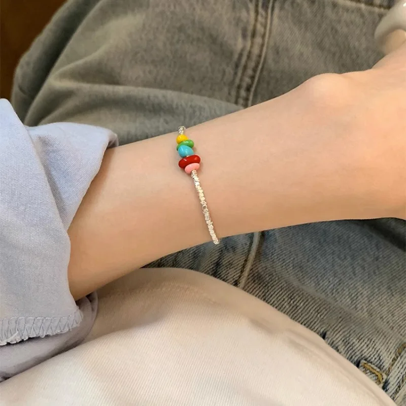 High Quality Versatile Korean Y2K 925 Sterling Silver Irregular Colour Enamel Bracelet for Women Girl Jewelry Gift Dropshipping