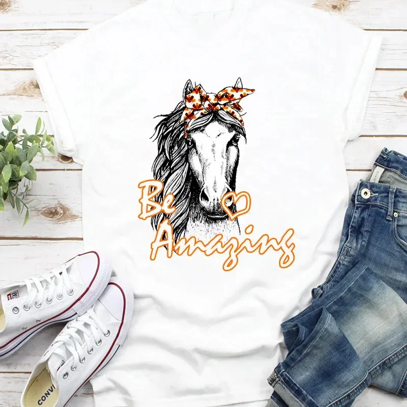 

New Summer Fashion Short-sleeved Casual Flower Horse Stripe Scarf Printed Women's Round Neck T-shirt Graphic T Shirts Aesthetic