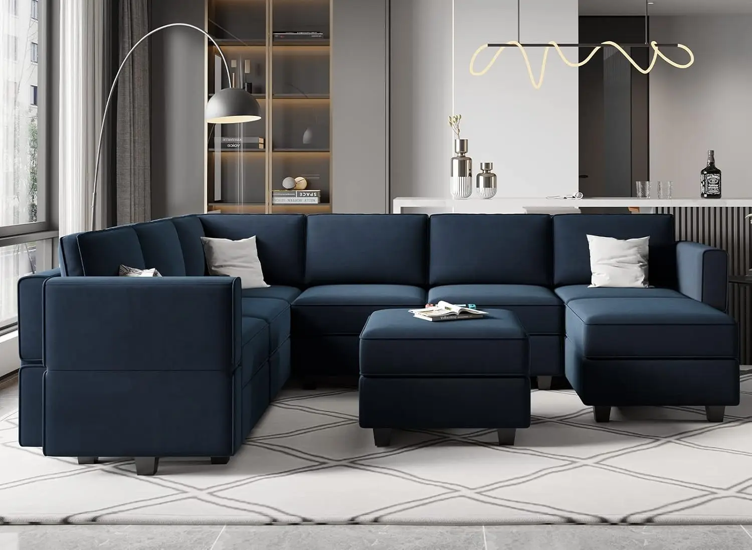 Modular Velvet Sectional Sofa with Storage Seat Oversized U Shaped Couch with Reversible Chaise Sofa Set Blue