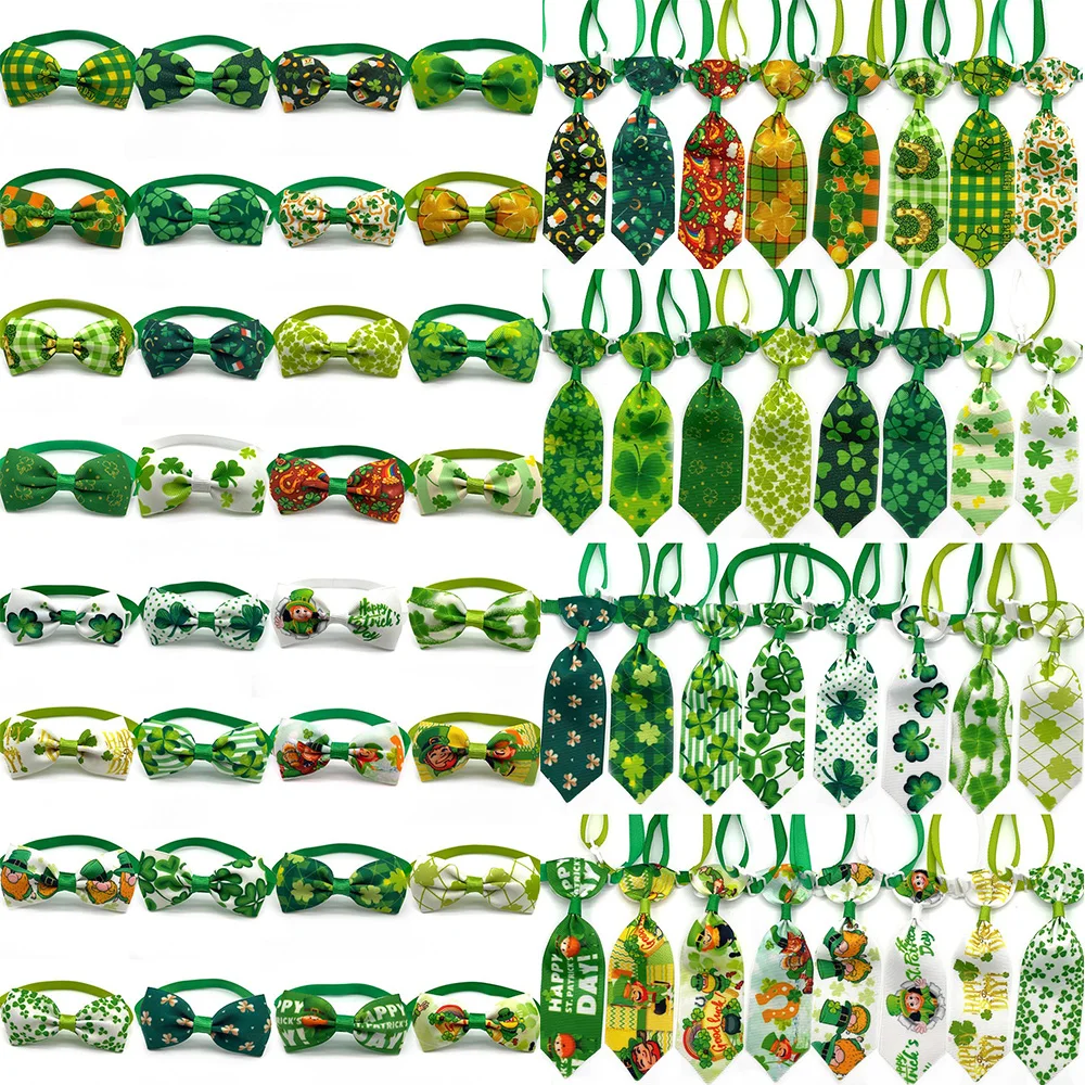 100pcs Small Dog ST Patrick's Day Puppy Cat Collar Clover Pattern Dog Bow Tie Green Necktie Pet Supplies Grooming Accessories