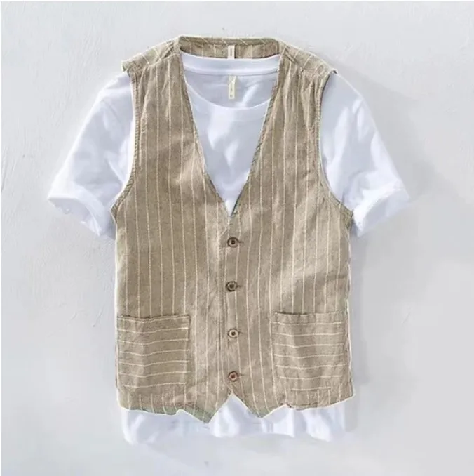 2024 Fashion Striped  Vest for Men Casual Linen Loose Fitting Waistcoat