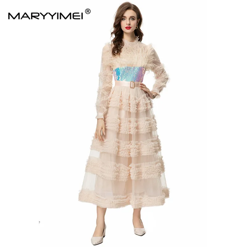 MARYYIMEI Fashion Designer spring Summer Women\'s Lantern Sleeved Feathers Sequins Mesh Flounced Edge Sashes Elegant Dresses