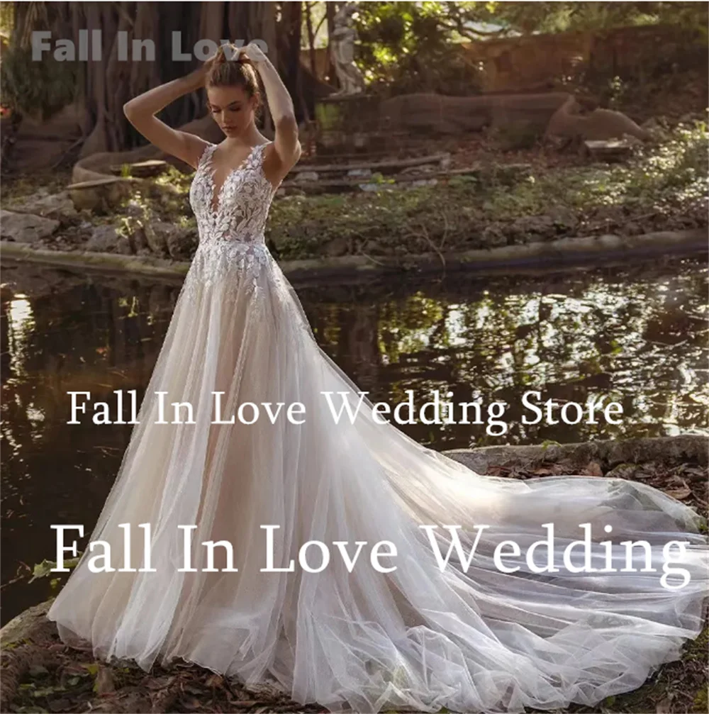 Fall In Love-Robe de mariée à col en V pour femme, appliques florales en fibre, robe de patients, longueur au sol, ligne A, robe éducative, 2024