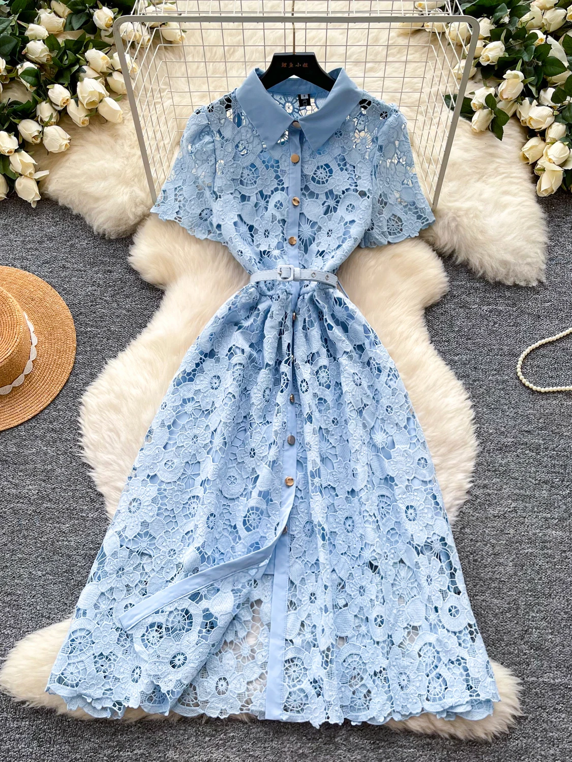 Elegant Lace  Collar Dress Women's Summer Hollow out Short Sleeve High Waist A-Line Skirt Fashion Commute Korean Style